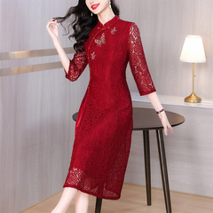 xxnz6607新中式喜婆婆婚宴装礼服裙2025夏季重工蕾丝酒红色连衣裙