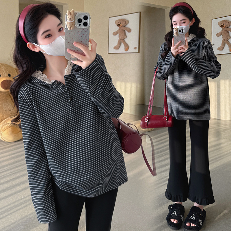 实拍孕妇装卫衣秋款厚双面绒条纹连帽蕾丝拼接卫衣孕妇上衣打底衫|undefined