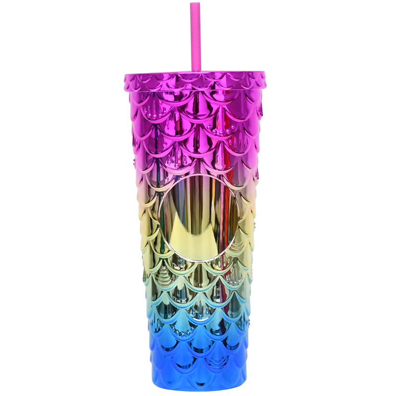 プラスチックカップ新型二重クリエイティブグラデーションマーメイドテールストローカップドリアンカップメッキカラースパンコールカップ|undefined
