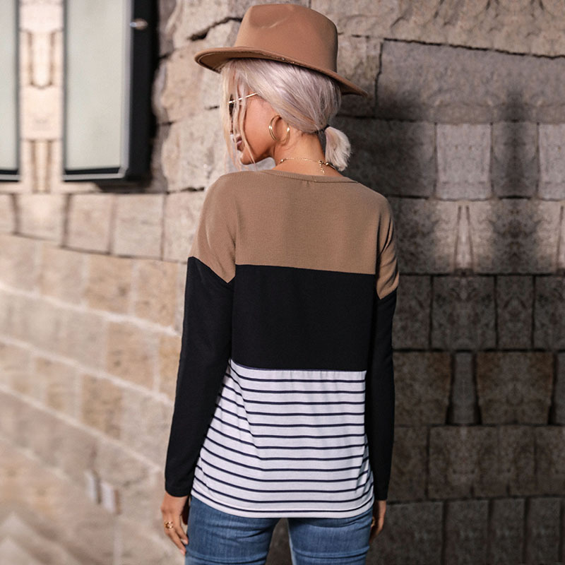 Striped Contrasting Round Neck Long Sleeve Loose Sweater Pullover_voghion.com