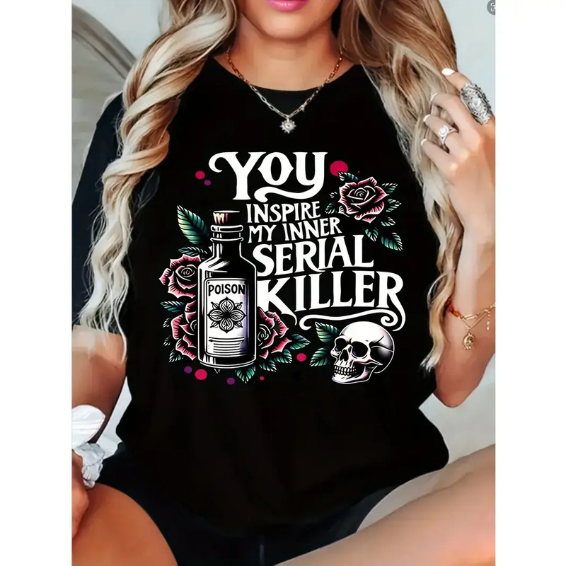 Pure Cotton Vintage European Size Dark Style Skull Rose Poison Bottle Slogan Heavy-Duty Short-Sleeve T-Shirt for Women, Summer Short-Sleeve