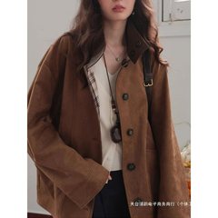 美拉德秋冬宽松复古柔雾感仿麂皮绒格纹正反两面穿立领外套女