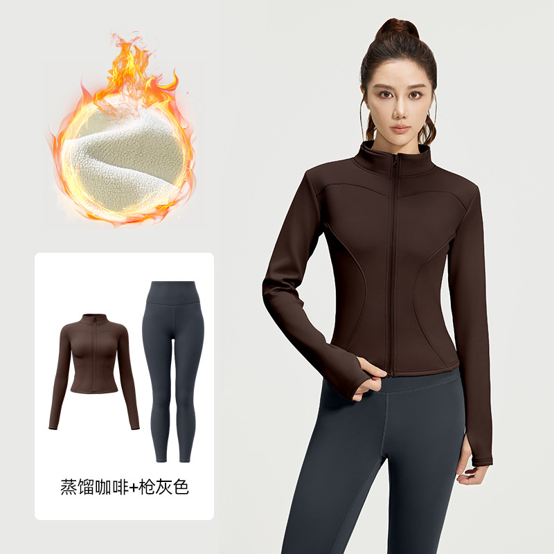 Juyi Tang otoño y invierno más terciopelo engrosado conjunto de ropa de yoga desnudo sensación delgada alta elástica a prueba de viento conjunto de acondicionamiento físico mujer
