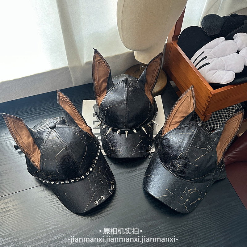 美式复古朋克铆钉杜宾狗棒球帽女秋冬新款亚文化辣妹皮质鸭舌帽男