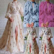 2025年新款多色大量现货半高领亮片开衩灯笼袖大摆礼服雪纺连衣裙