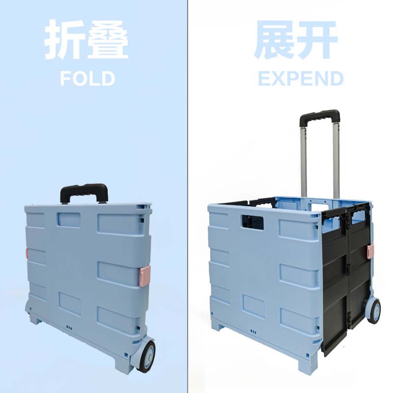 Portable Folding Shopping Cart for Camping and Supermarket, Small Grocery Cart with Ladder Wheels, Plastic Trolley