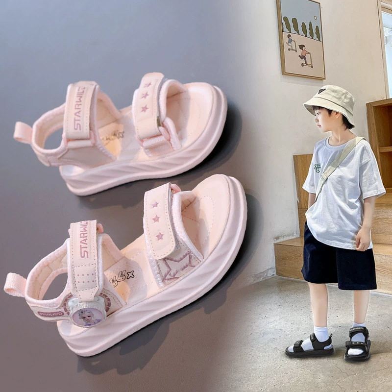 Детские красивые сандалии с вращающимися пуговицами, новинка лета 2024, детская пляжная обувь с открытым носком для мальчиков среднего и большого размера, модные сандалии