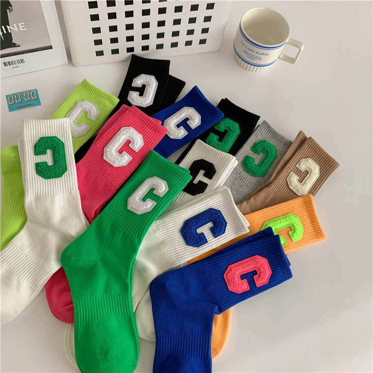 Autumn and Winter New Socks Internet Celebrity Flocking Large C Letter Women's Mid-length Socks Korean Style Klein Blue Cotton Women's Socks Fashionable Socks
