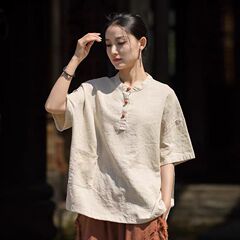 中国禅風ボタンダウンコットンとリネンの女性用半袖シャツ夏無地シンプルなティーウェアスタンドカラープルオーバーリネンシャツトップ