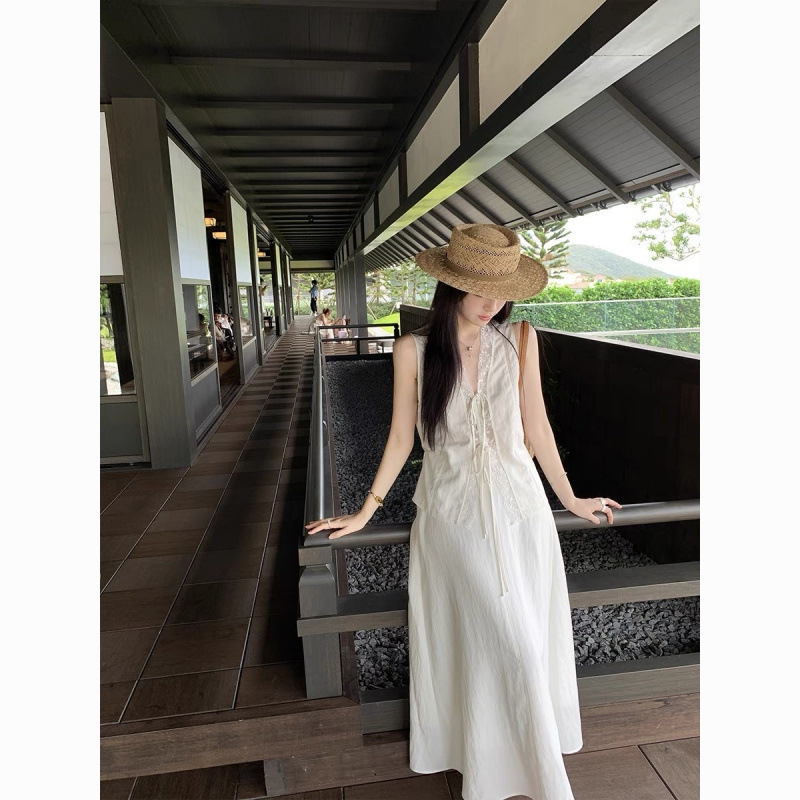 莱赛尔天丝系带蕾丝花边V领背心/半身长裙女夏清冷套装裙|undefined