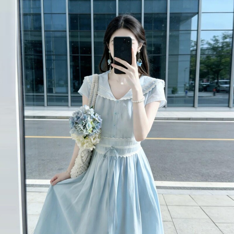 French-Style Unique and Beautiful Blue Doll Collar Dress for Women, Summer 2026 New Model, Super Attractive, Waist-Cinching, Slimming Long Dress
