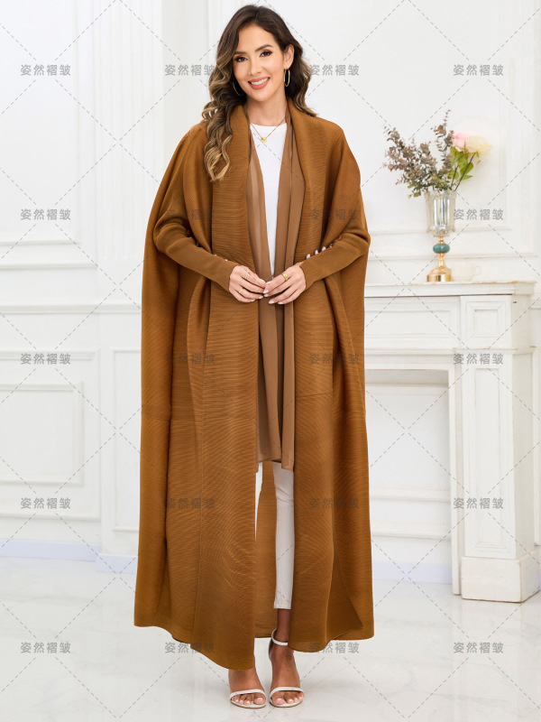 中东跨境大码女装阿巴亚礼服三宅一生褶皱abaya开衫蝙蝠袖外套长|undefined