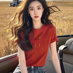 2025夏の新型純綿丸襟半袖tシャツの女性デザイン感がスリムに見えます。