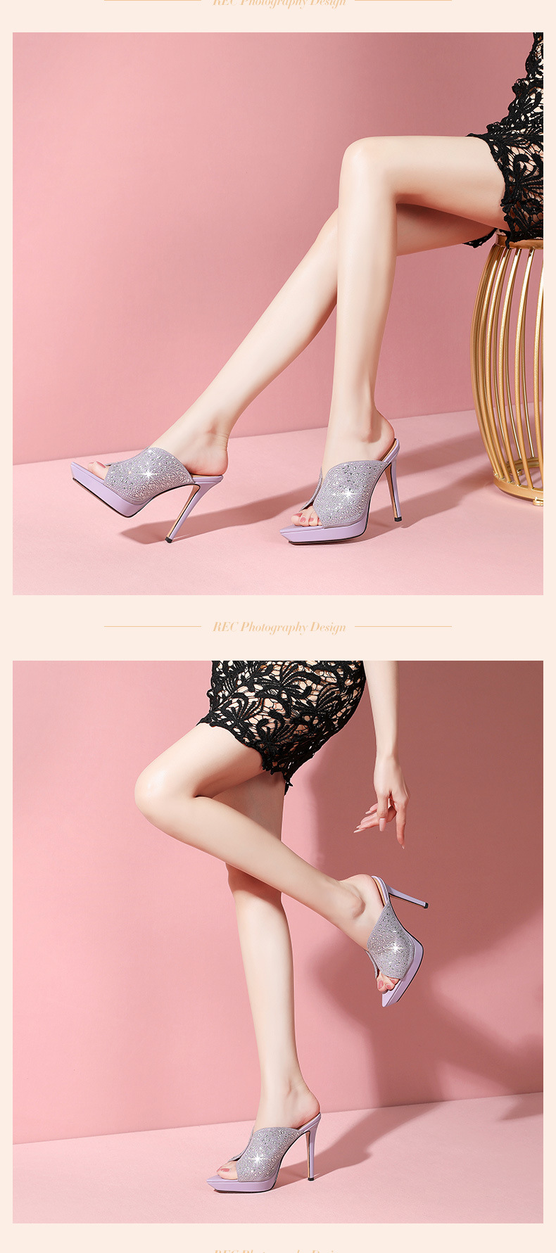 Sandal cao gót nữ mũi nhọn hở mũi đính đá, quai ngang, đế platform, gót 9 cm — Màu đen da cừu lộn chi tiết 10