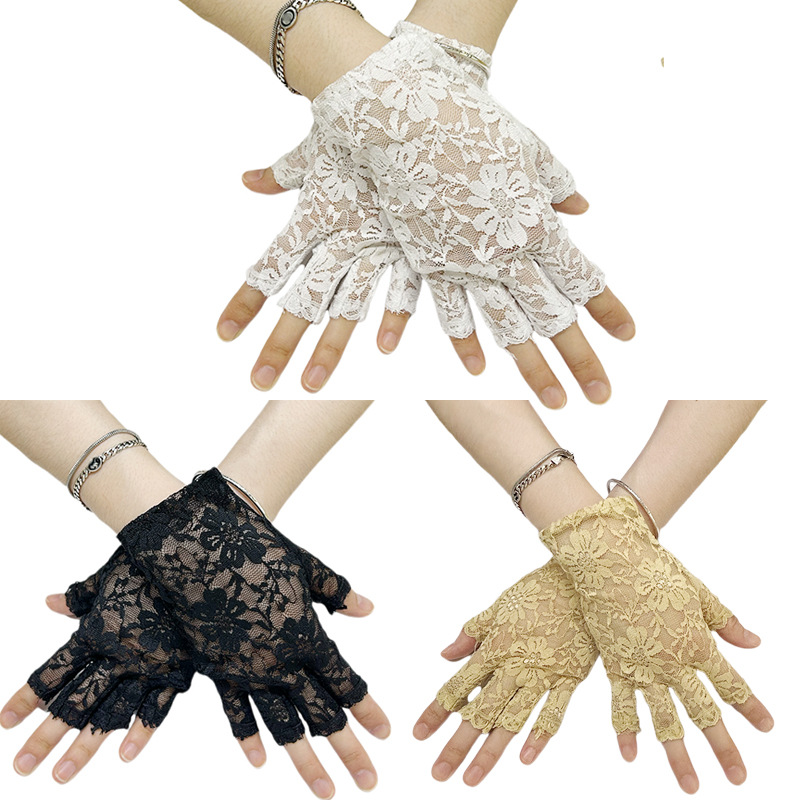 Protección solar sin dedos nupcial encaje medio dedo guantes de mujer corto floral guantes para boda ópera fiesta de té
