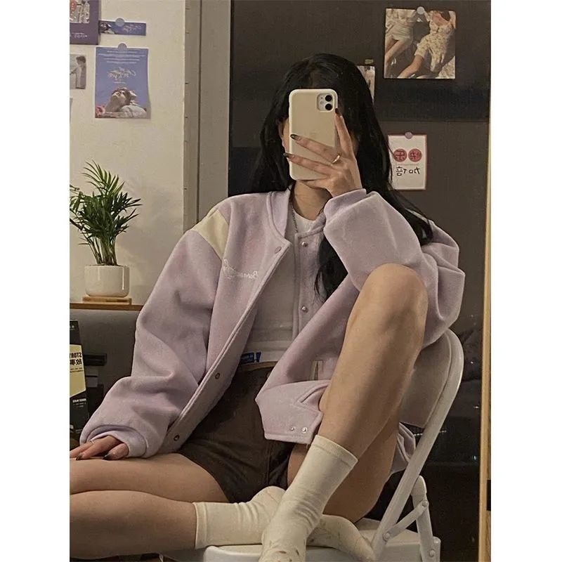 鹿皮绒棒球服外套女2023新款学生宽松香芋紫色秋冬季加绒加厚外套