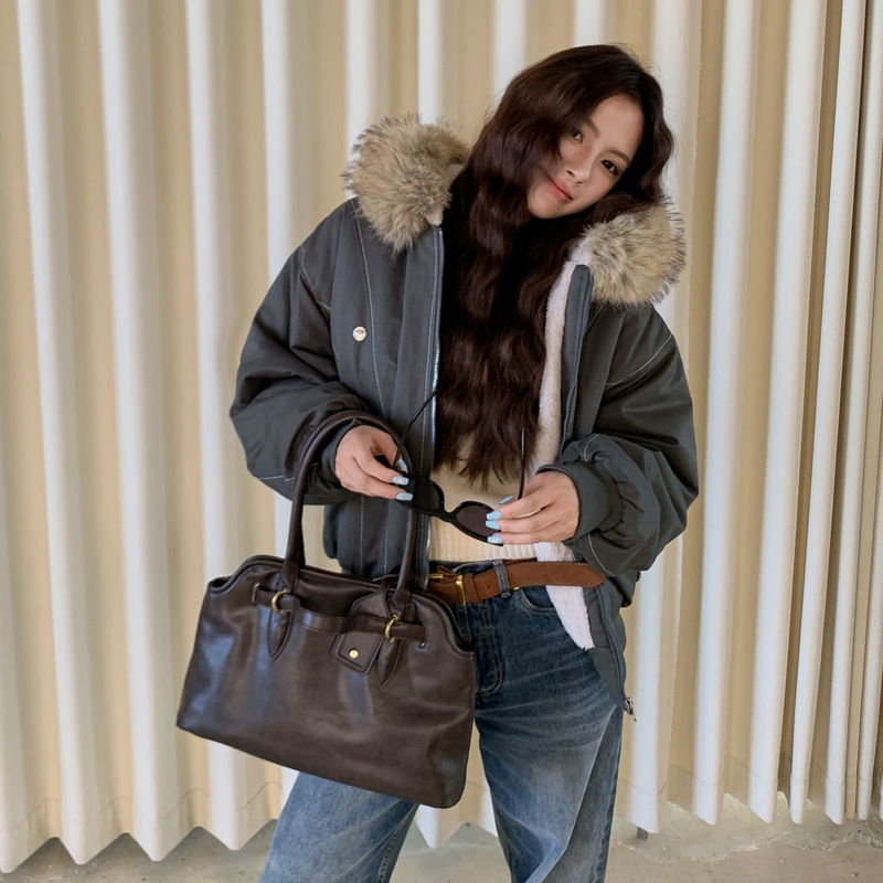 新品韩版毛绒棉服外套内里加绒美式复古大毛领连帽保暖短款棉衣|undefined