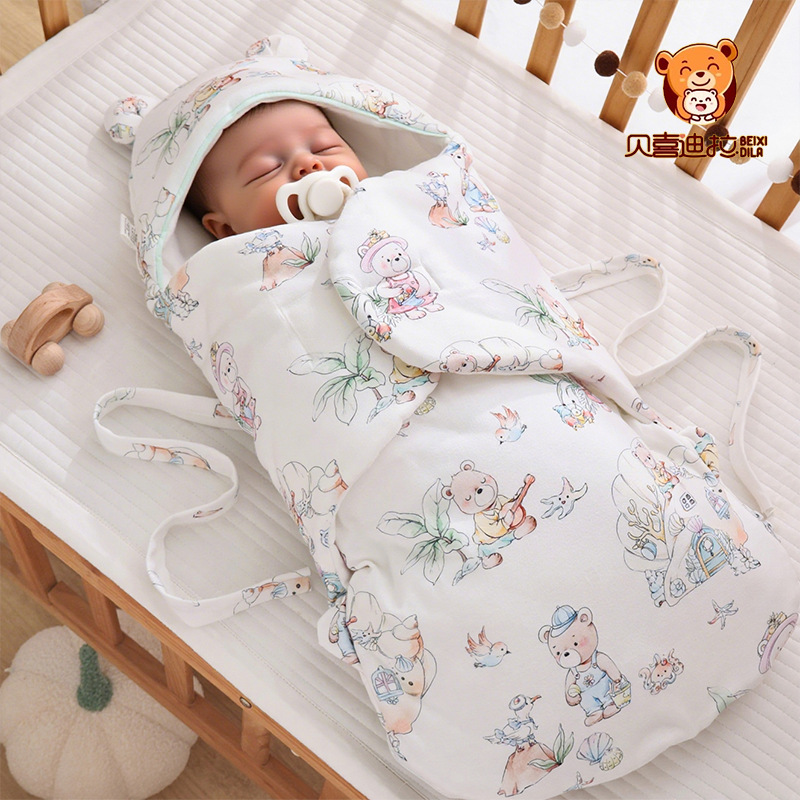Baby Swaddle Sleeping Bag Class a Combed Cotton Baby Hat and Quilt Autumn and Winter Soft and Breathable Newborn Blanket