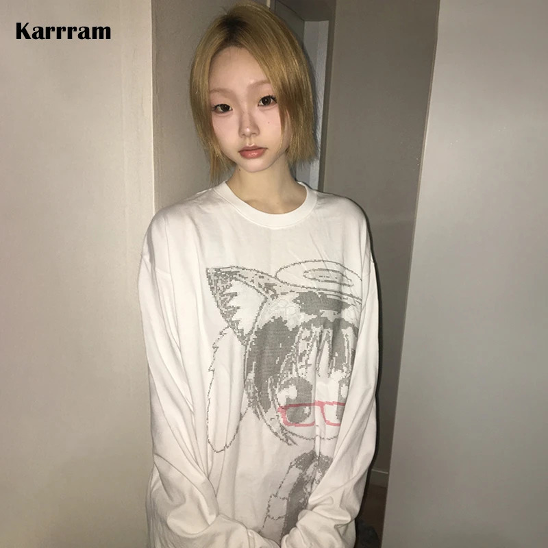 European Size Pure Cotton Women's Long-Sleeved Japanese Y2K Anime Print T-Shirt 2000S Korea