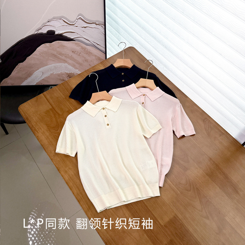 L*P Quiet Luxury Relaxation 80% Wool 20% Mulberry Silk Hollow Knit Short Sleeve Women's Summer Elegant Thin Turn-Down Collar T-Shirt L*P Quiet Luxury Relaxation 80% Wool 20% Mulberry Silk Hollow Knit Short Sleeve Women's Summer Elegant Thin Turn-Down Collar T-Shirt