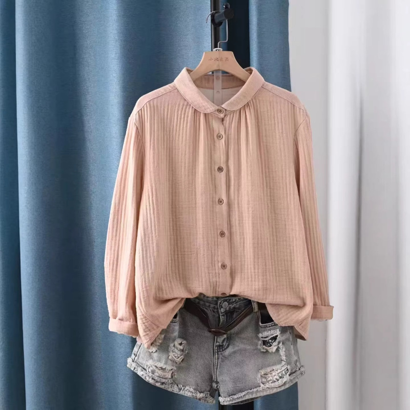 Vintage Artistic Round-Neck Pure Cotton Double-Layer Gauze Long-Sleeve Base Shirt, Stylish Loose-Fitting Slimming Top for Women Vintage Artistic Round-Neck Pure Cotton Double-Layer Gauze Long-Sleeve Base Shirt, Stylish Loose-Fitting Slimming Top for Women