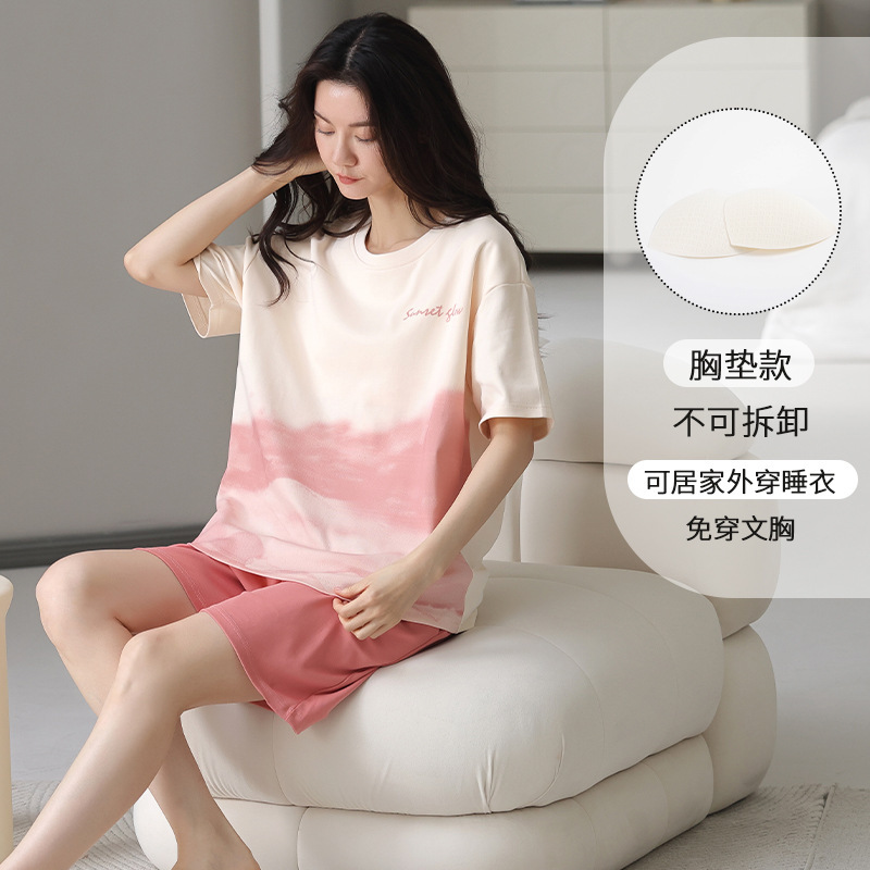 Comes with Chest Pad Pajamas Pure Cotton Summer Women's Short-sleeved Shorts Casual suit Korean Style Sweet Outwear Home Clothes