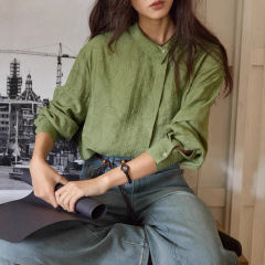 【8/25 零点新品9折】solighter 法式亚麻不对称翻领提花衬衫女秋