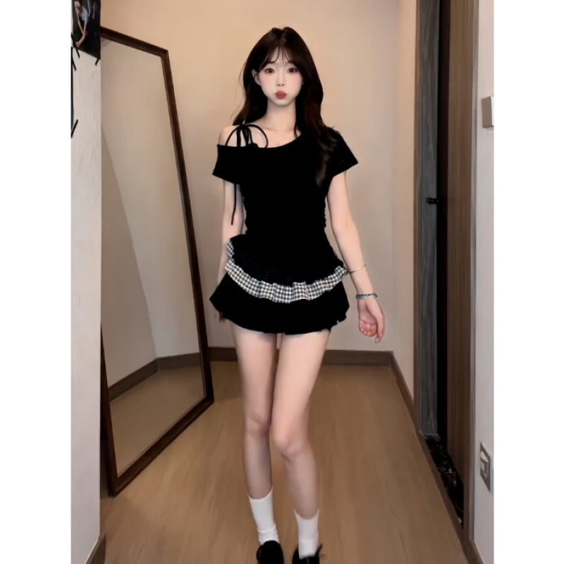卸売 [40番手レーヨン] ホットガールフレンチリボン斜め肩半袖Tシャツレディース夏レーススプライシングショートスタイル|undefined
