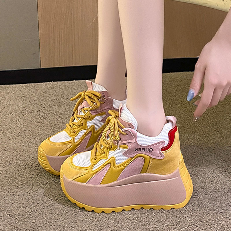 軽量で通気性のあるスポーツカジュアルダッドシューズ女性用2025夏の新しいホットスタイルメッシュ厚底ハイトップシューズ|undefined