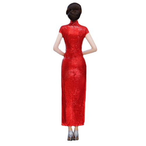 Red Sequined phoenix Chinese dresses qipao for women Cheongsam female stage performance catwalk singers host show cheongsam wedding party embroidered sequined dresses