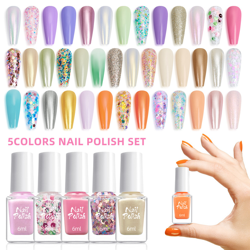 Cross-Border Spring and Summer 5-Color Colorful Nail Polish Water-Based No-Bake Mermaid Manicure Gradient Pearlescent Glitter Nail Polish Set