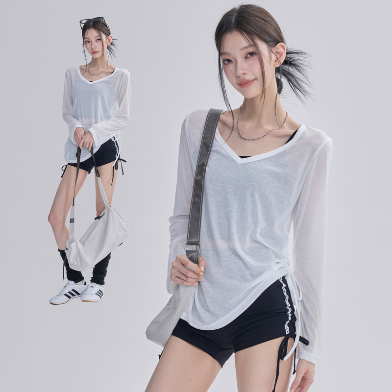 Yoga Cover-Up Shirt for Women, Loose Fit, Slimming Long-Sleeve Sports Top, Spring and Summer Fitness Pilates Training Drawstring T-Shirt, Thin
