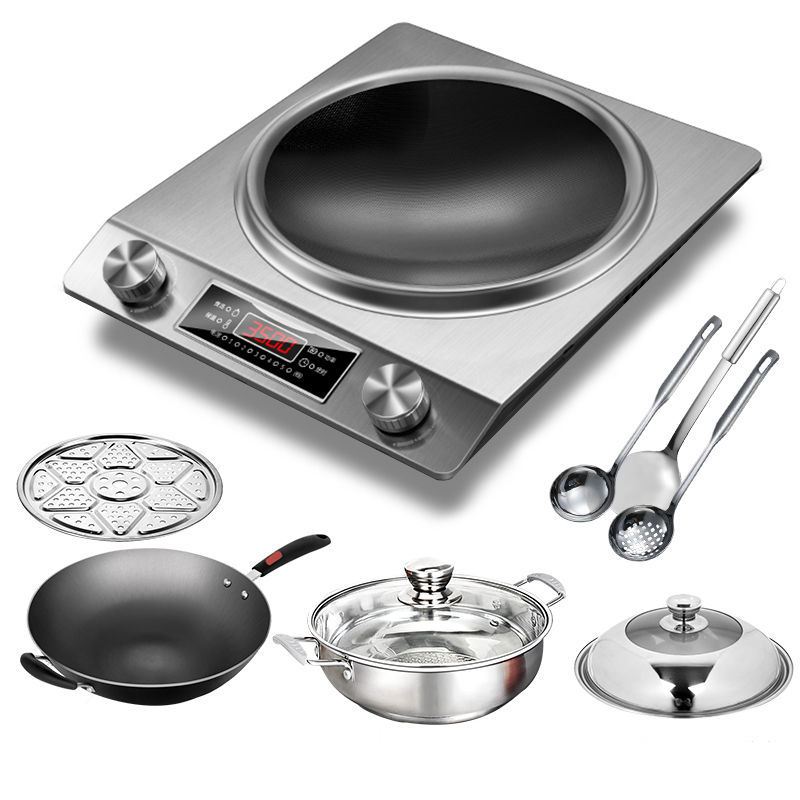 Cocina de inducción para uso doméstico, nuevo modelo con superficie cóncava, alta potencia para cocinar, estufa comercial a batería, juego completo para uso doméstico con olla, estufa de fuego potente.