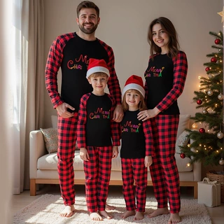 圣诞印花亲子装 欧美撞色MerryChristmas印花磨毛保暖亲子服套装