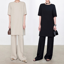 春夏新款圆领A字裙中长款醋酸连衣裙中腰松紧阔腿裤显瘦直筒裤女