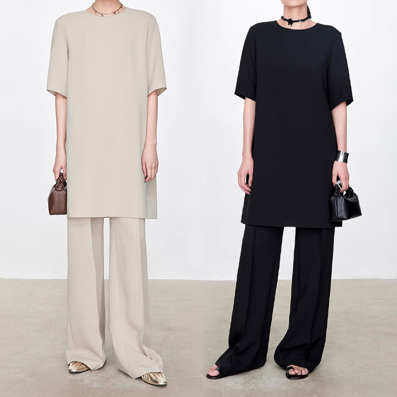 Spring and Summer New Round Neck A- line Skirt Mid-length Acetate dress Mid-waist Loose Wide-leg Pants Slimming Straight Pants for Women