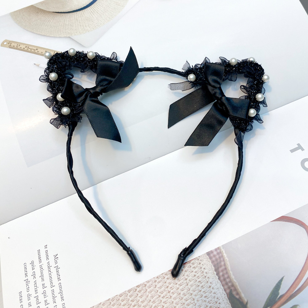 Korean Style Cute Pearl Lace Cat Ears Hair Band display picture 9