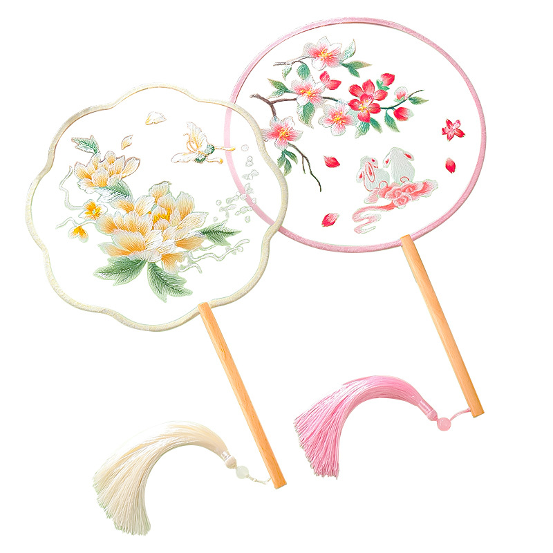 Fan de grupo bordado antiguo ventilador de baile chino estilo Han cheongsam doble cara Suzhou bordado ventilador redondo de danza infantil al por mayor