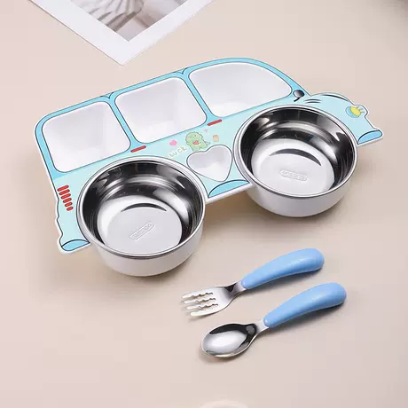 Blue car dinner plate with fork and spoon
