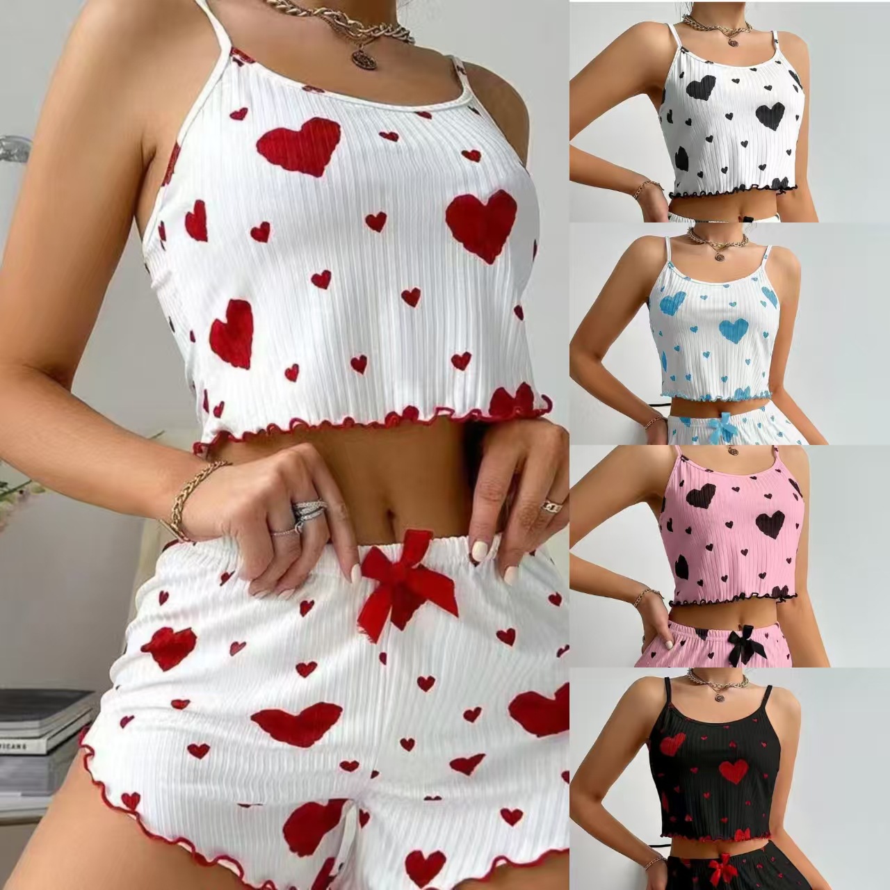 2025 Cross-Border Sexy Spaghetti Strap Nightdress for Women, Summer Pure Cotton Knitted Ribbed Heart Print Loungewear