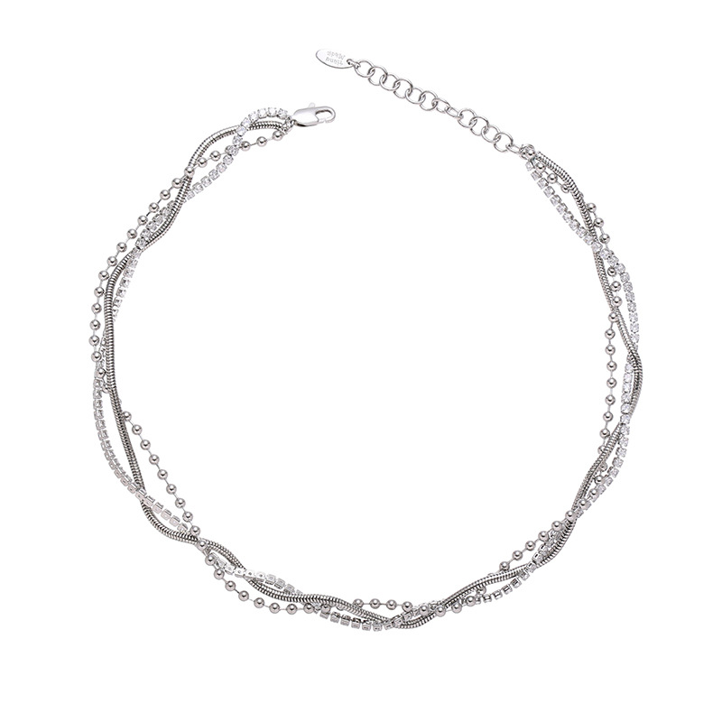 Latón chapado en platino moda europea y americana luz lujo serpiente hueso cadena cuentas redondas tres capas apiladas zircon cadena collar de bobinado para las mujeres