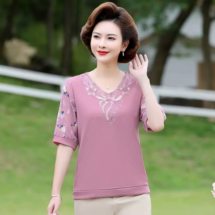 妈妈夏装短袖T恤中年女装休闲上衣2025新款V领洋气中老年针织小衫