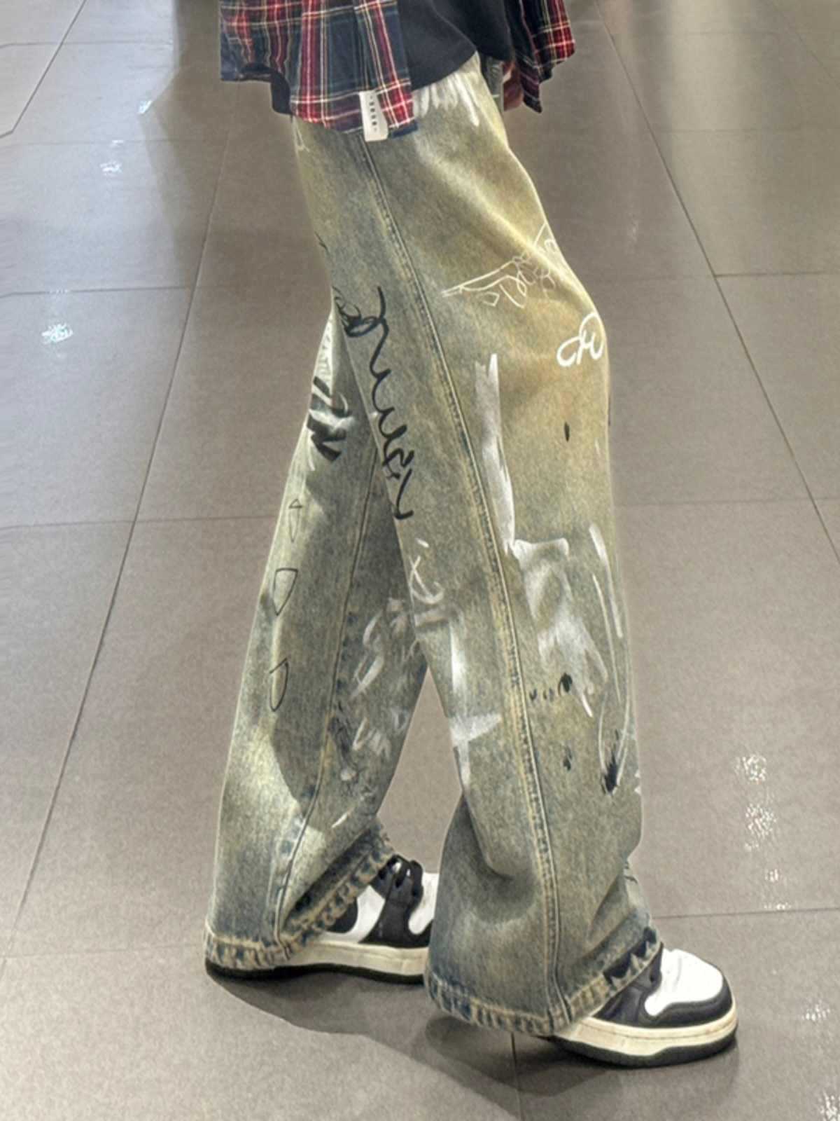 Jeans da uomo vintage graffiti larghi e dritti, stile old school, lavaggio fangoso, con patta e bottoni, in misto cotone non elasticizzato, dalla taglia S alla XXXL_voghion.com