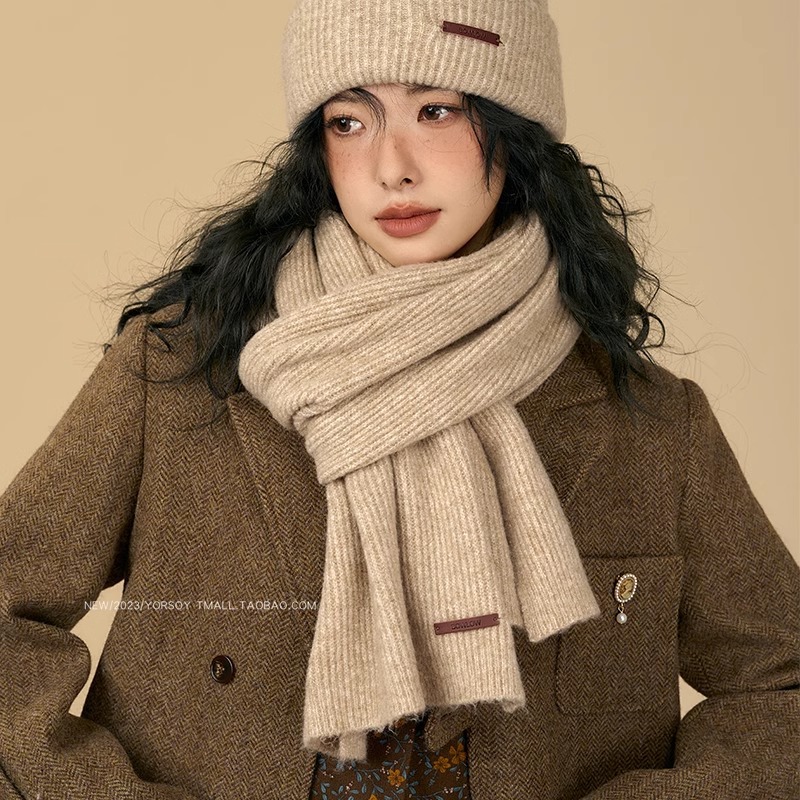 Solid color winter retro khaki knitted keep warm scarf