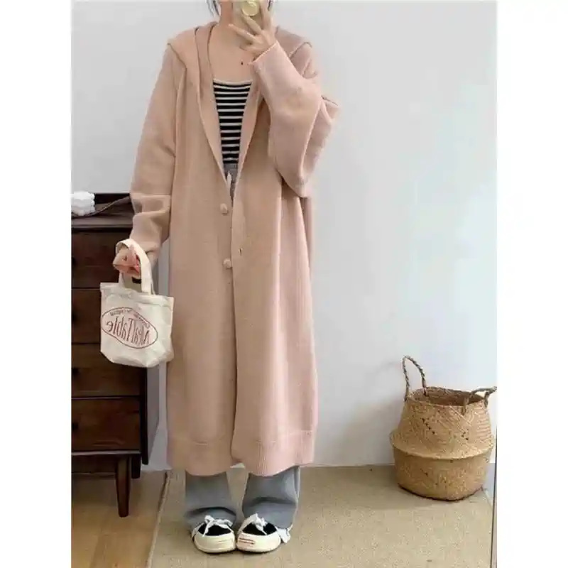 秋冬慵懒风长款毛衣开衫外套蝙蝠袖女连帽宽松韩版针织大衣A6142|undefined