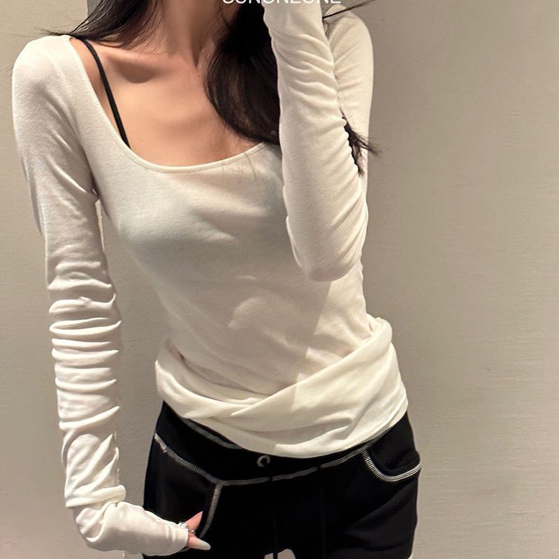 SX 블루 U 넥 오른쪽 어깨 긴팔 티셔츠 여성용 여름 경량 자외선 차단 블라우스 핫 소녀 섹시 슬리밍 탑 여성용