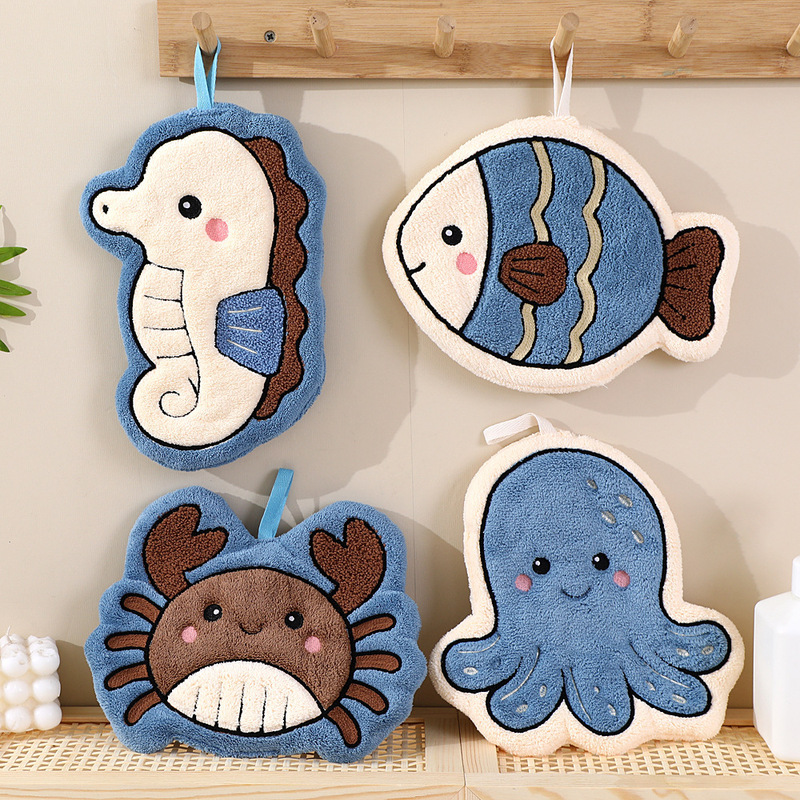 Cross-Border Marine Animal-Shaped Coral Velvet Hand Towel, Hanging Type, Absorbent, Quick-Drying, Cute Cartoon Towel for Kitchen and Bathroom