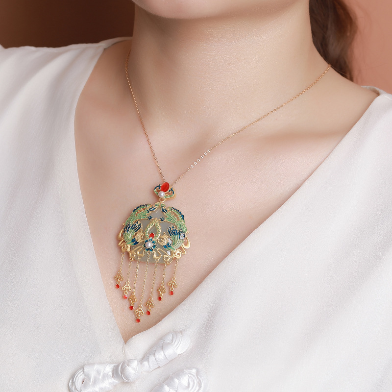 YUEBAO JEWELRY S925 STERLING 실버 골드 도금 HETIAN JADE 국가 패션 CLOISONNE PHOENIX NIRVANA RUYI TASSEL 펜던트 펜던트