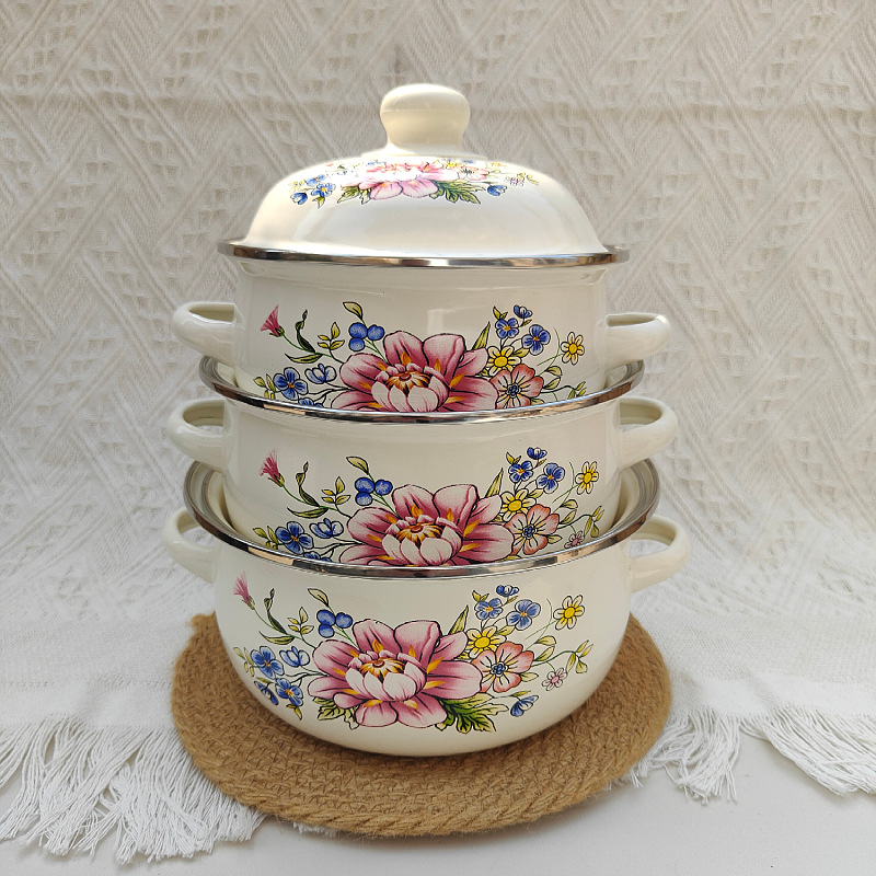 Tres piezas de esmalte olla esmalte pan hogar diario multi-especificación esmalte olla con tapa binaural regalo sopa olla