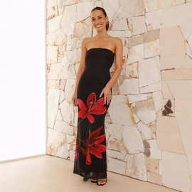 Black Tube Top Floral Bodycon Long Gown复古花卉度假风连衣裙